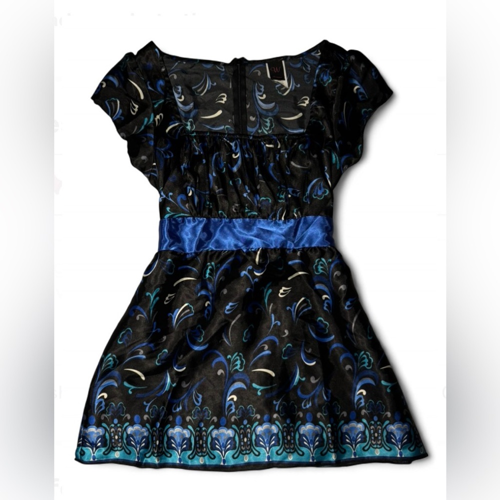 Y2K Vintage Fairycore Wrapper Black blue floral print babydoll top with bow ☀️